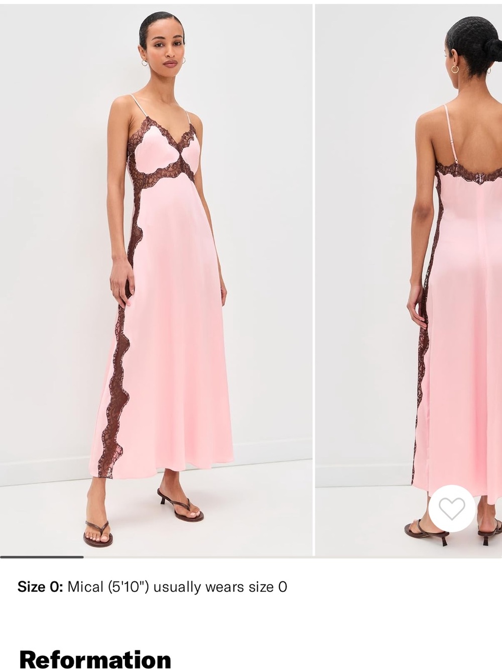 Reformation Ericka Silk Pink Slip Dress with Brown Lace Trim NEW WITH TAGS